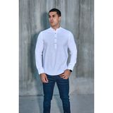 Hakim Yaka Yarım Pat Likra Keten Doku Pamuk Slim Fit Erkek Gömlek - XL - Beyaz