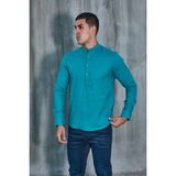 Hakim Yaka Yarım Pat Likra Keten Doku Pamuk Slim Fit Erkek Gömlek - XL - Petrol