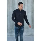 Hakim Yaka Yarım Pat Likra Keten Doku Pamuk Slim Fit Erkek Gömlek - XL - Siyah