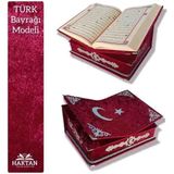 Haktan Masaüstü Ayyıldız Baskı Rahle Özellikli Orta Boy Lüks Kadife Kaplı Kuranı Kerim Seti Inci Tesbih Hediyeli Ay Yıldızlı Türk Bayrağı Desenli - Gelin Düğün Nişan Hafızlık Hediyesi