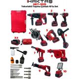 Haktaş HKT1025 Yeni Nesil Kırmızı 10 lu Kömürsüz Akülü Makine Seti 21V 3ah (Kırıcı Delici, Somun Sıkma, Vidalama, Led Işık, Avuç Taşlama, Dekupaj, Hava Üfleme, Araç Yıkama, Tilki Kuyruğu Testere,Sunda