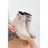 Hale Shoes Bej Cilt Kadın Tokalı Fermuarlı Rahat Kışlık Bot Kaymaz Taban H012