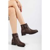 Hale Shoes Kahve Cilt Kadın Tokalı Fermuarlı Rahat Kışlık Bot Kaymaz Taban H012