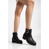 Hale Shoes Siyah Cilt Kadın Tokalı Fermuarlı Rahat Kışlık Bot Kaymaz Taban H012