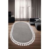 Halı Cool Gri Pramit Desenli Yıkanabilir Saçaklı Oval Yolluk Kilim Salon Halısı Modelleri