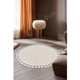 Halı Cool Krem Pramit Desenli Saçaklı Yuvarlak Kesme Yolluk Kilim Salon Halısı Modelleri