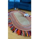 Halımax Milda 36 Jüt Hasırlı Örgü Kilim Renkli Püsküllü Çift Taraflı Oval Jüt Halı Yolluk Bohem Halı