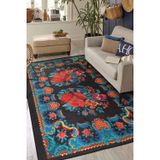 Halinet Cala Salada Çiçekli Mavi Polyester Dikdörtgen Modern Desenli Pamuk Makinada Yıkanabilir Hav Toz Vermez Leke Tutmayan Kaymaz Taban Dijital Makine Baskı Salon Yolluk Mutfak Halı