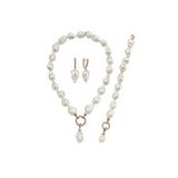 Halka Kilitli Barok Doğal İnci Küpe Kolye Bileklik Üçlü Set (Rose)
