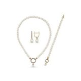 Halka Kilitli Doğal İnci Kolye Bileklik Küpe Üçlü Set (Rose)