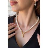 Halka Kilitli Doğal İnci Küpe Kolye İkili Set