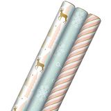 Hallmark Ters Kesilmiş Çizgiler ile Pembe Noel Ambalaj Kağıdı (3 Rulo: 120 sq. ft. ttl) Pembe, Nane, Altın, Ren Geyiği, Noel Ağaçları, Kar Taneleri