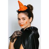 Halloween Cadılar Bayramı Taç Mini Cadı Şapkası Şeklinde Tüllü Turuncu-Siyah Varaklı Örümcek Ağı Desenli
