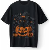 Halloween Kedi Bal Kabağı Pumpkin Oversize Unisex Tişört T-Shirt - Siyah