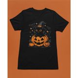 Halloween Kedi Bal Kabağı Pumpkin Unisex Tişört T-Shirt - Siyah - XL