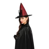 Hallowen Cadı Şapkası Çiçekli Tüylü Model Kırmızı Renkli Cadılar Bayramı Şapkası
