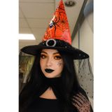 Hallowen Cadılar Bayramı Cadı Şapkası Tokalı Tüllü Turuncu Siyah Örümcek ve Ağ Desenli Korku Şapkası