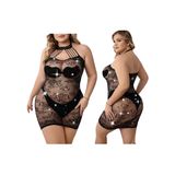 Halter Boyun Taşlı Dantel Transparan Mini Elbise, Siyah, Büyük Beden, Gece Kıyafeti. Vücut Çorabı