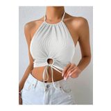 Halter Yaka Bağlamalı Büzgülü Beyaz Renk Fitilli Crop Top Bluz