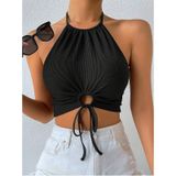 Halter Yaka Bağlamalı Büzgülü Siyah Renk Fitilli Crop Top Bluz