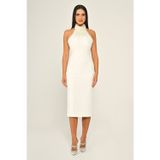 Halter Yaka Boncuklu Krep Midi Abiye Elbise Alfa Beta B7028
