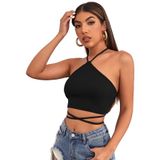 Halter Yaka Çapraz Askılı Siyah Renk Fitilli Crop Top Bluz (Siyah, M)