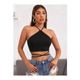 Halter Yaka Çapraz Askılı Siyah Renk Fitilli Crop Top Bluz