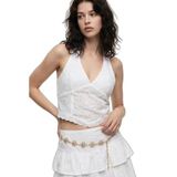 Halter Yaka İşlemeli Bluz Ekru