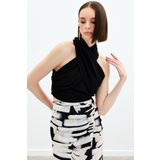 Halter Yaka Keten Crop Bluz - Siyah