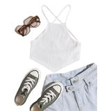 Halter Yaka Sırtı Açık Çapraz Askılı Bağcıklı Beyaz Renk Fitilli Crop Top Bluz (Beyaz, M)