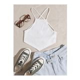 Halter Yaka Sırtı Açık Çapraz Askılı Bağcıklı Beyaz Renk Fitilli Crop Top Bluz
