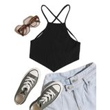 Halter Yaka Sırtı Açık Çapraz Askılı Bağcıklı Siyah Renk Fitilli Crop Top Bluz (Siyah, M)