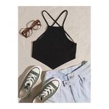 Halter Yaka Sırtı Açık Çapraz Askılı Bağcıklı Siyah Renk Fitilli Crop Top Bluz