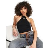 Halter Yaka Siyah Renk Fit Crop Top Bluz (Siyah, S)