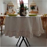 Ham Keten Krem Fırfırlı Yuvarlak Masa Örtüsü - 130 x 130 cm