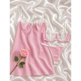 Hama Love Kadın Pembe Beyaz Desenli Saten Gecelik Iç Çamaşır Takımı - Pembe - Beyaz - XL