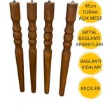 Hamadex 47 cm Açık Meşe Torna Ahşap Sehpa Ayağı 4’lü Set | Mobilya Ayağı + Metal Bağlantı Aparatları