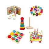 Hamaha Wooden Toys Ahşap Eğitici 5 Li Set Zeka Algı Oyunları Helezon - Puzzle - Saat - Geometrik - Renkli