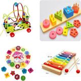 Hamaha Wooden Toys Ahşap Eğitici Oyuncak Saat + 8 Notalı Selefon + Helezon + Geometrik Şekiller 4'lü