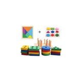 Hambag Ahşap Zeka Eğitici Oyuncak Geometrik Şekiller + Tahta Geometrik 9 Şekil + Ahşap Tangram - Renkli