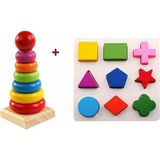 Hambag Oyuncak Ahşap Eğitici Zeka Blok Geometri Şekil Bul Tak+Kule 2'li Set - Renkli