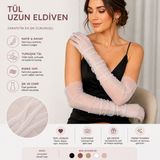 Hamiki Kırık Beyaz Renk Uzun Tül Gelin Eldiveni – Şık Nikah & Düğün Eldiveni