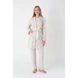 Hamile ve Lohusa Dönemine Özel Uzun Kol Pijama + Sabahlık 3’lü Set (Emzirme Özellikli) Bej 2XL Beden