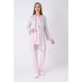 Hamile/Lohusa Pijama ve Sabahlık Takımı/Nefes Alan Pamuk Viskoz Kumaş/Şık Çizgili Model-3’lü Set Pembe M Beden