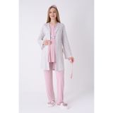 Hamile/Lohusa Pijama ve Sabahlık Takımı/Nefes Alan Pamuk Viskoz Kumaş/Şık Çizgili Model-3’lü Set Pudra M Beden