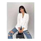 han fashion Kadın Beyaz Kruvaze Yaka Cepli Astarlı Katlanabilir Kol Blazer Ceket