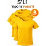 Hanclo 5’li Erkek Basic Tişört Seti – Pamuklu Regular Fit Günlük Rahat T-Shirt - Sarı - XL