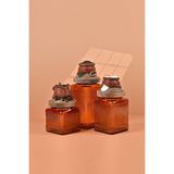 Handan Uzunoğlu by Uzunoğlu El Yapımı Özel Tasarım Çay Kahve Şeker Kavanozu - 3'lü Set - Vakumlu Ahşap Kapaklı (Kahverengi Detaylı) - Dark Amber Çizgili Cam - Mutfak ve Ev Dekorasyonu