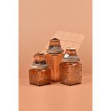Handan Uzunoğlu by Uzunoğlu El Yapımı Özel Tasarım Çay Kahve Şeker Kavanozu - 3'lü Set - Vakumlu Ahşap Kapaklı (Turuncu Detaylı) - Light Amber Çiçekli Cam - Mutfak ve Ev Dekorasyonu