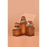 Handan Uzunoğlu by Uzunoğlu El Yapımı Özel Tasarım Çay Kahve Şeker Kavanozu - 3'lü Set - Vakumlu Ahşap Kapaklı (Turuncu Detaylı) - Medium Amber Çiçekli Cam - Mutfak ve Ev Dekorasyonu
